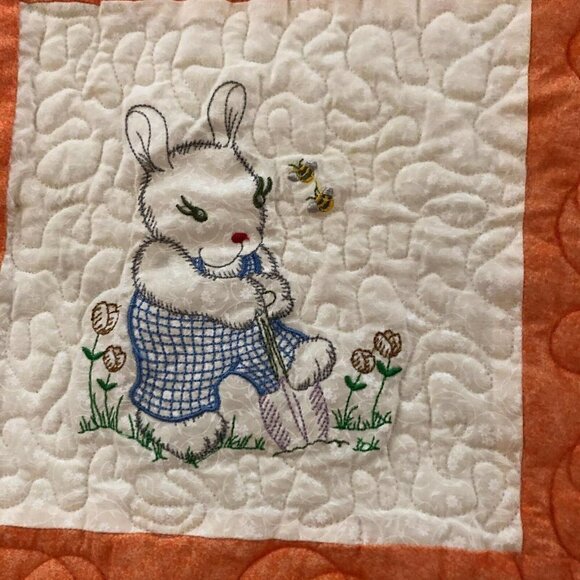 Vintage Baby Quilt Blocks Orange Embroidered Animals Sz 41"x41" #700 - Picture 2 of 5